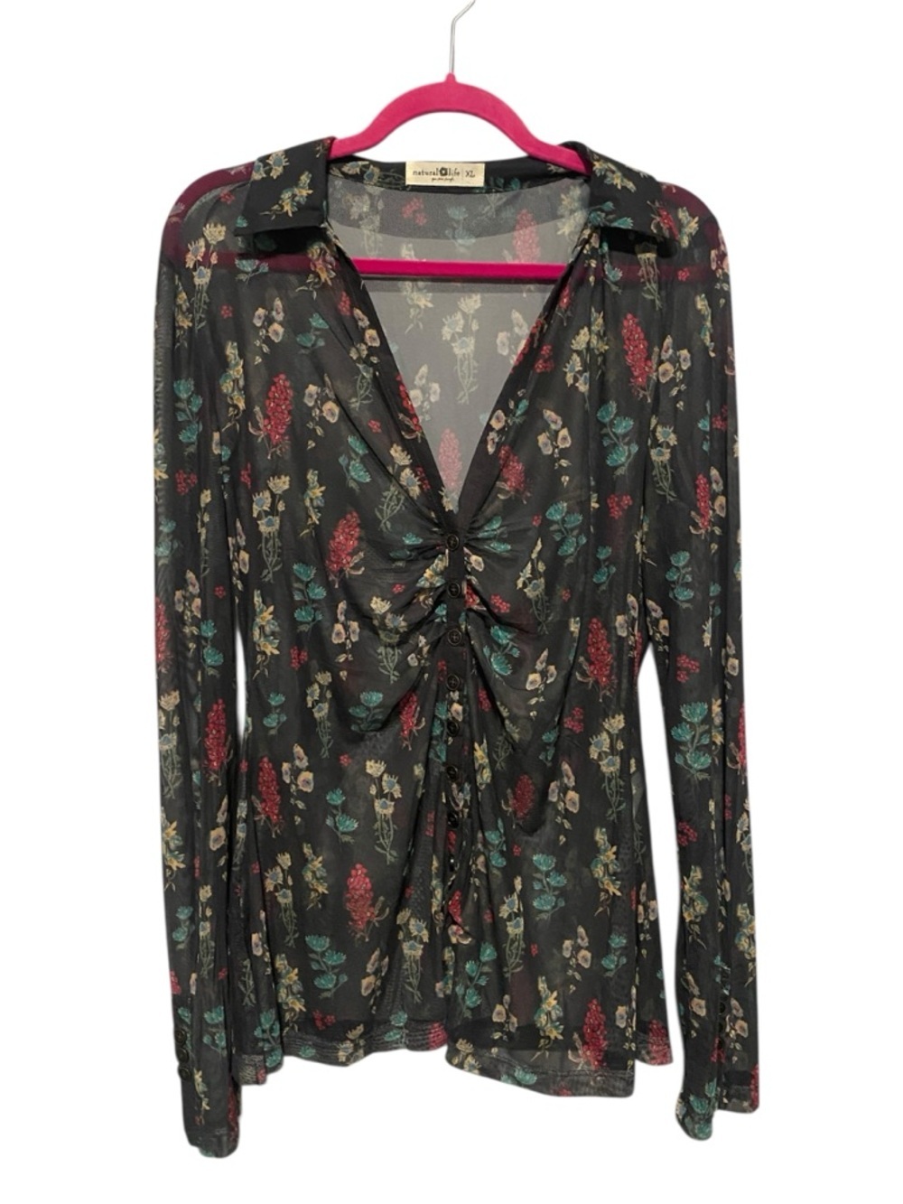 Whimsigoth Cottage Ruched Natural Life Carina Sheer Floral Button Down XL Top - Picture 3 of 11